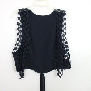 Open Front Silk Vest Size Medium Sleeveless Bolero Crochet Blue Stars Patriotic